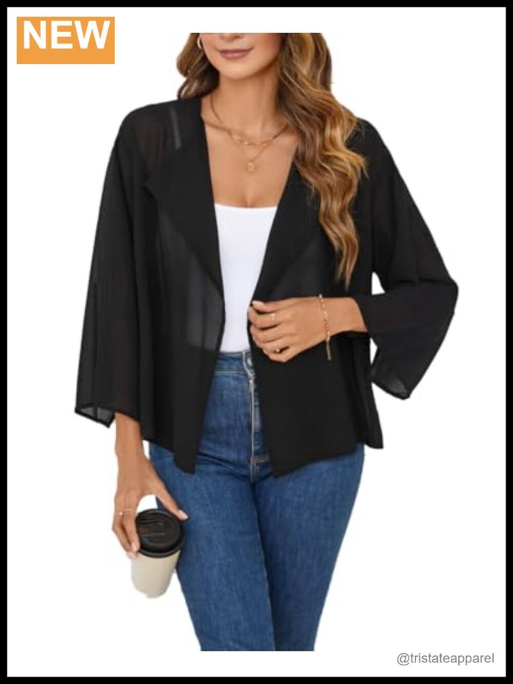 Women's 3/4 Sleeve Chiffon Kimono Cardigan Lightweight Open Front Shrug Cover Up